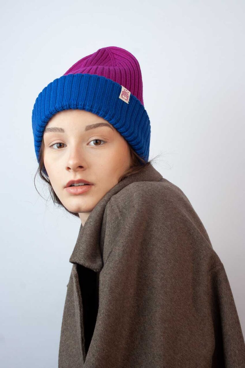 Strickmütze Block Blau Pink